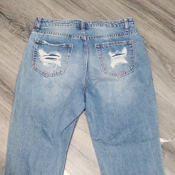 Fashion Nova Super Distressed Raw Hem High Waisted Cropped Med Blue Jeans - Picture 7 of 8